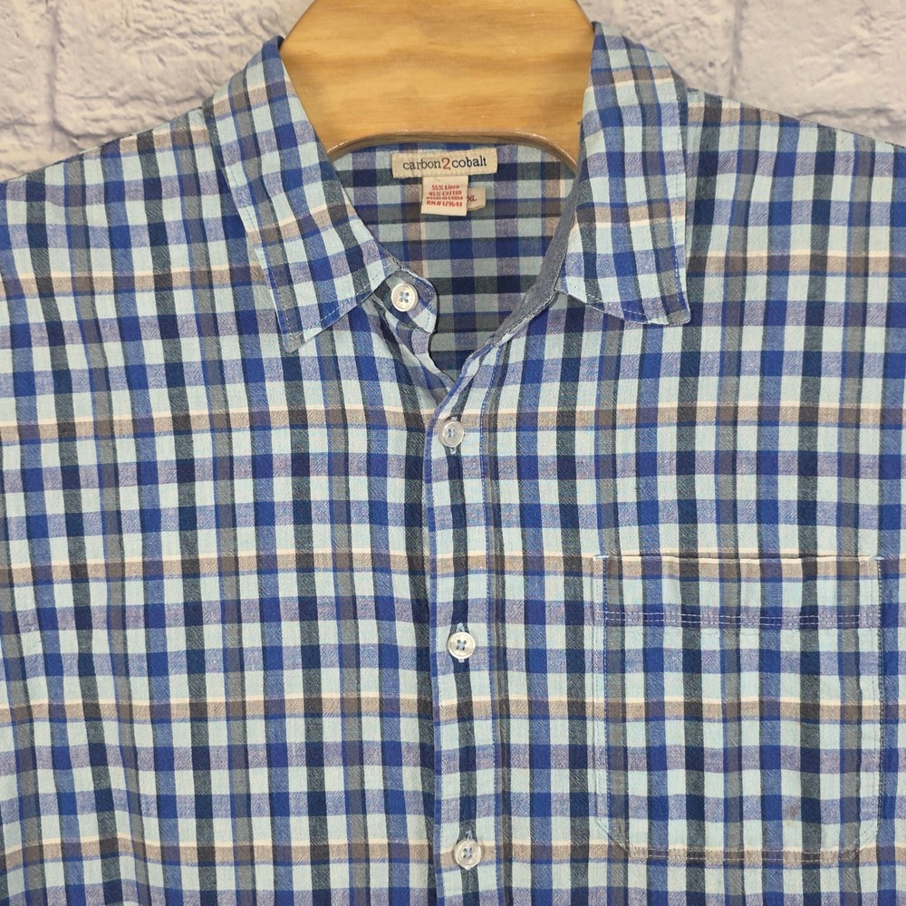 Carbon 2 Cobalt Men Blue Plaid Linen Cotton Long Sleeve Button Up Shirt‎ Size XL